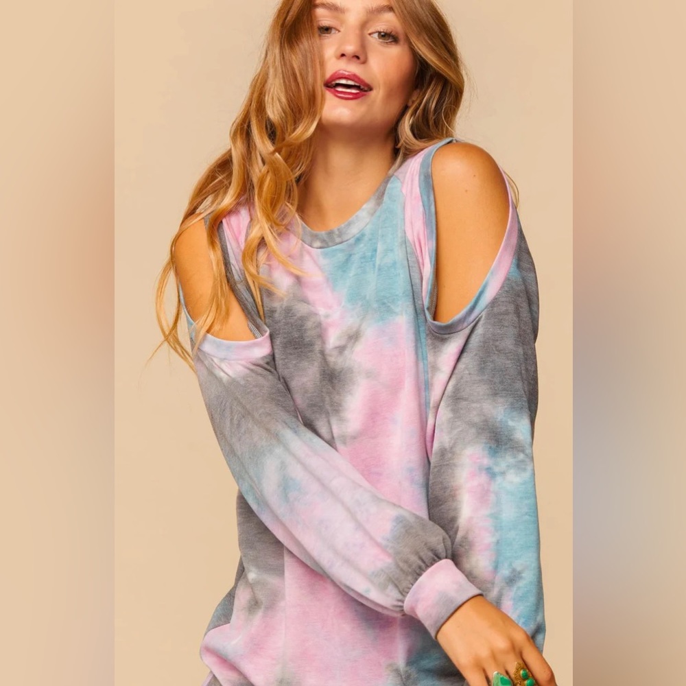 1X 2X 3X PLUS BLACK & PINK COLD SHOULDER TIE DYE RAGLAN LONG SLEEVE BLOUSE